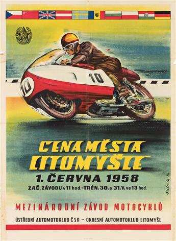 VLADIMIR BIDLO (1926-1997) & VLADIMIR VALENTA (1920-1977).  [CZECH MOTORCYCLES / RACING.] Group of 3 posters. Circa 1958. Each approxim